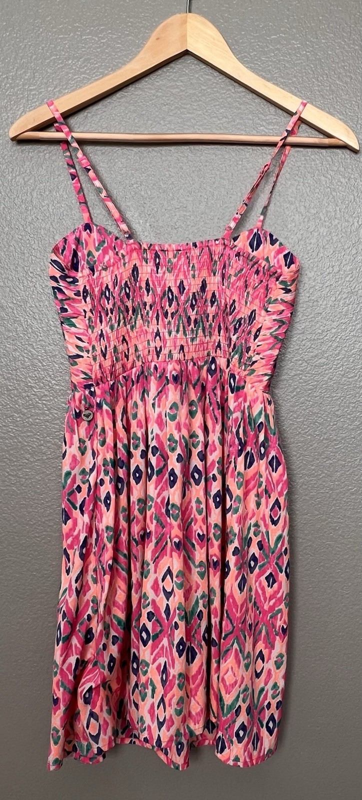 Roxy “A Shore Thing” Pintucked Front Zip Smocked Dress Small Resort Beach Party