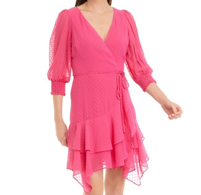 Maison Tara Faux Wrap Dress Size 6 Pink Clip Dot Ruffle Surplice Tiered Flutter