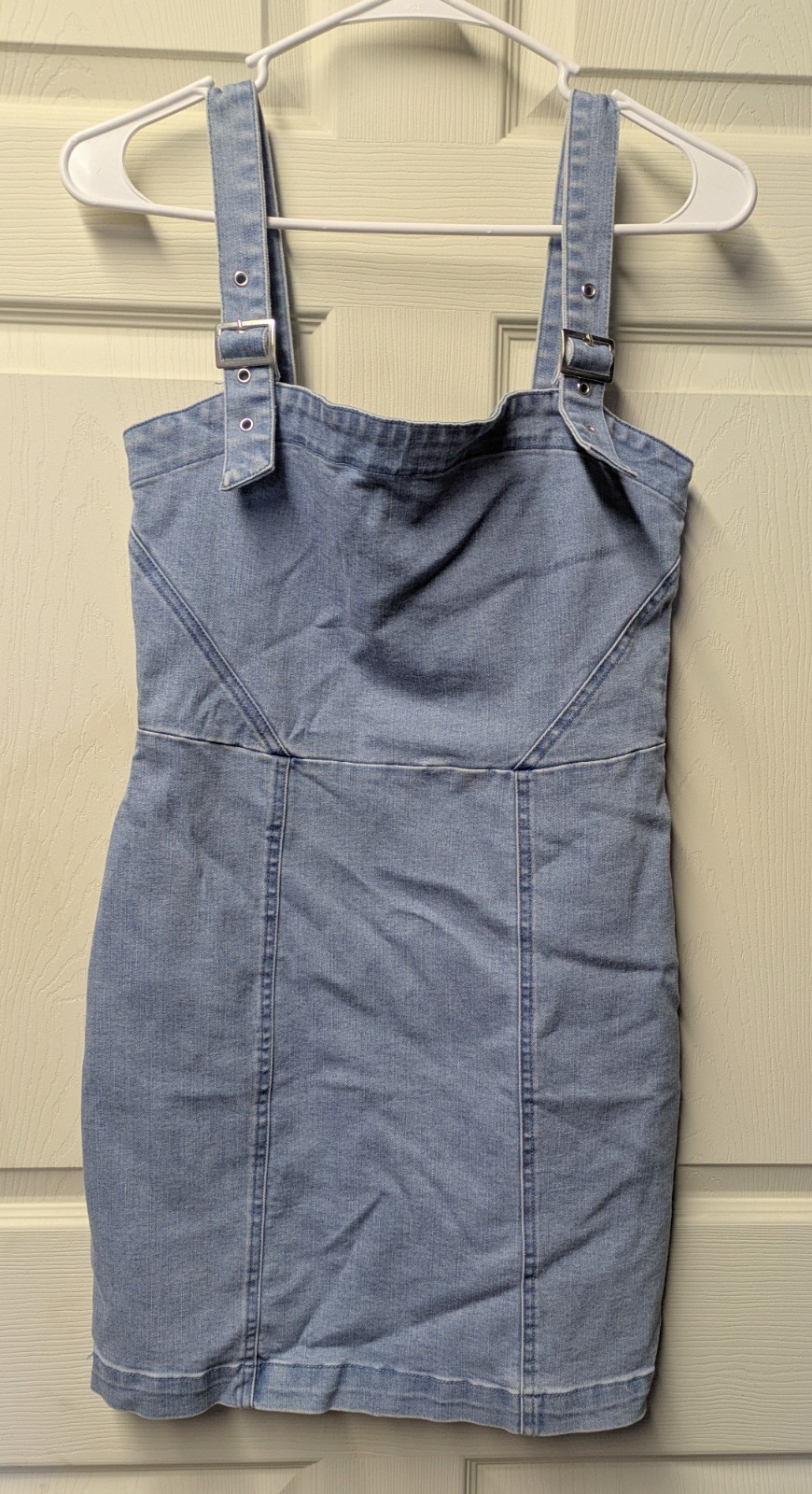 Forever21 Silver Buckle Strap Denim Zipper Mini Dress Size Medium