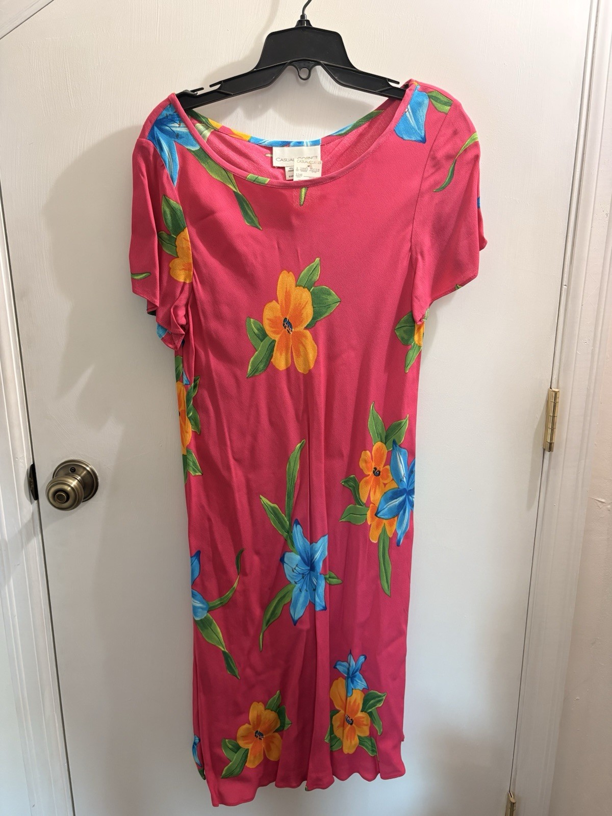 Vtg 90s Casual Corner Tropical Floral Dress Size 12 Bright Pink Hawaiian Resort