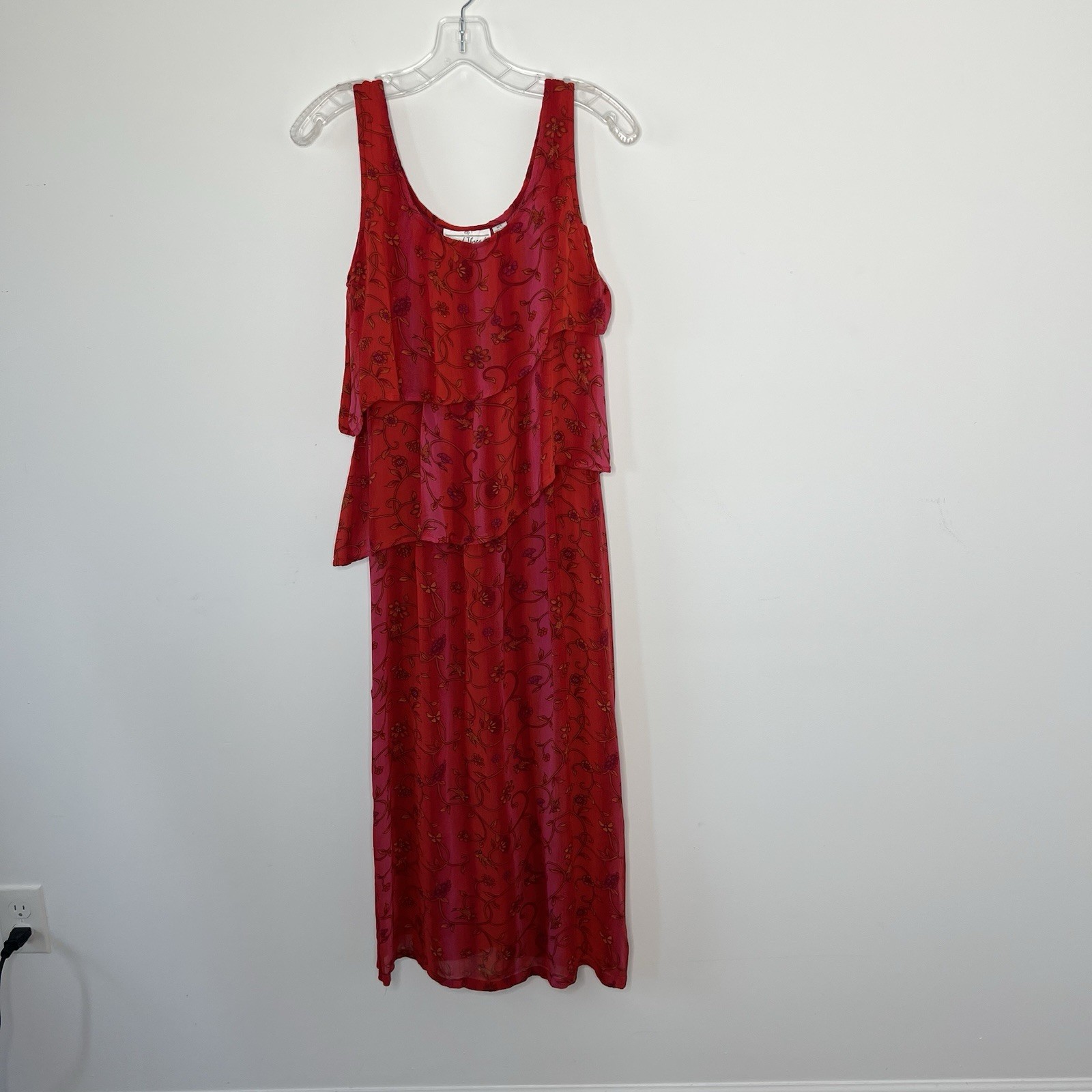 Sacred Threads Dress Womens M/L Red Chiffon Floral Boho Layered Festival India