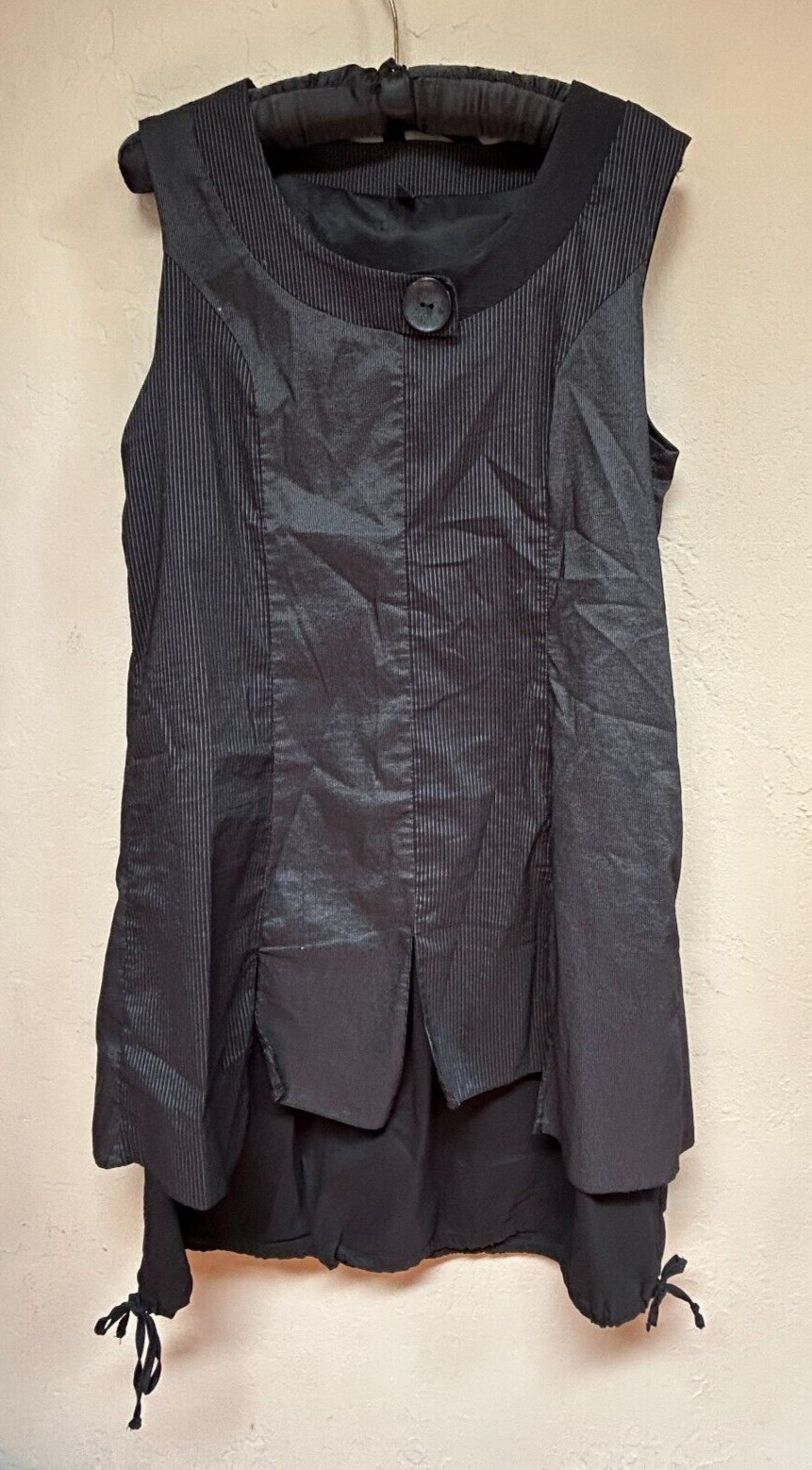 Women’s Black Pinstripe Layered Dress Size 42 Drawstring Hem Stretch ART TO WEAR