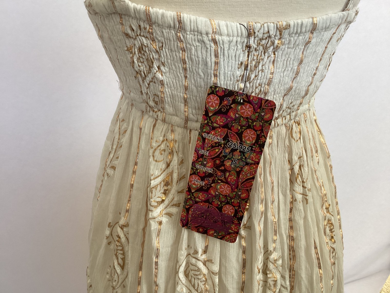 NWT Me 2 Magic Anthropologie Maxi Dress S Ivory Gold Lurex Smocked Embroidered