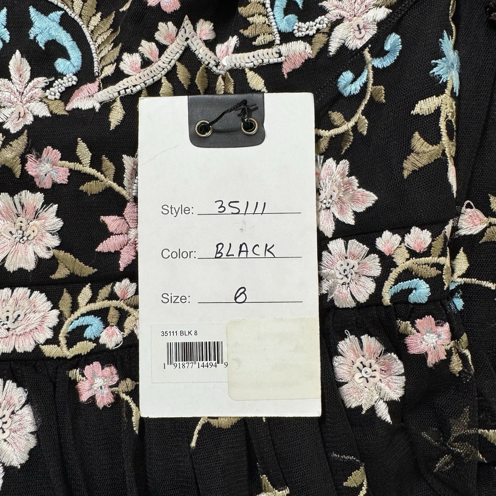 Mac Duggal 35111 Embroidered Floral Gown Black Long Bishop Sleeve Size 8 NWT