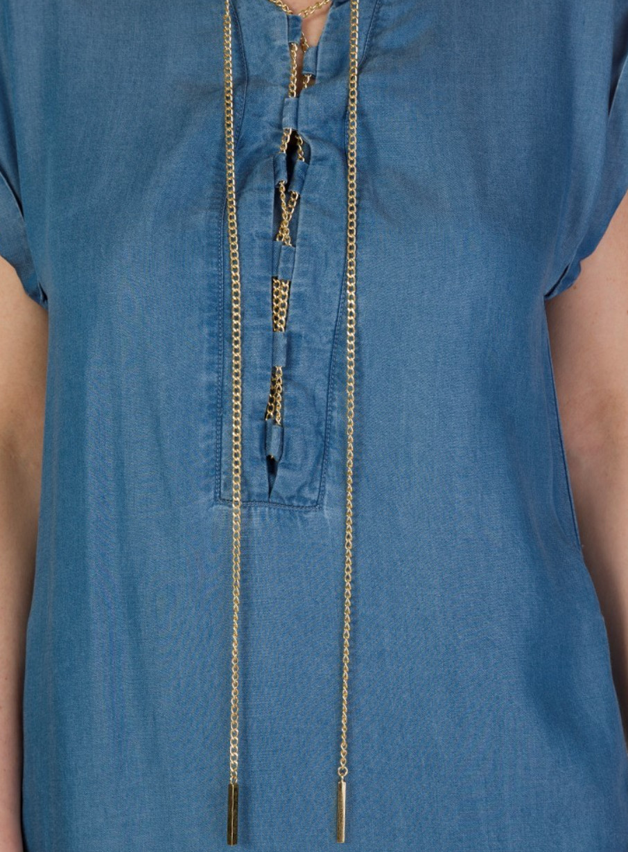 MICHAEL KORS BLUE CHAMBRAY DENIM LACE-UP SHIFT DRESS SIZE LARGE RRP £175.00 VGC