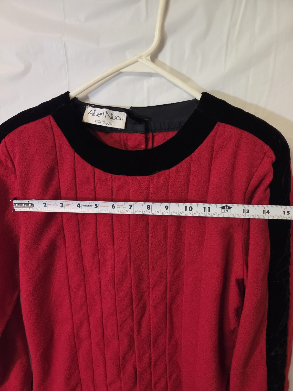 Vintage Albert Nipon Boutique Red/Black Pleated Bow Blouson Round Neck Dress 8