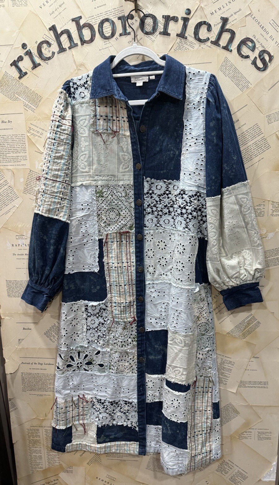 Anthropologie Let Me Be Denim Patchwork Shirt Dress Coat Lace Blue Motif S NEW