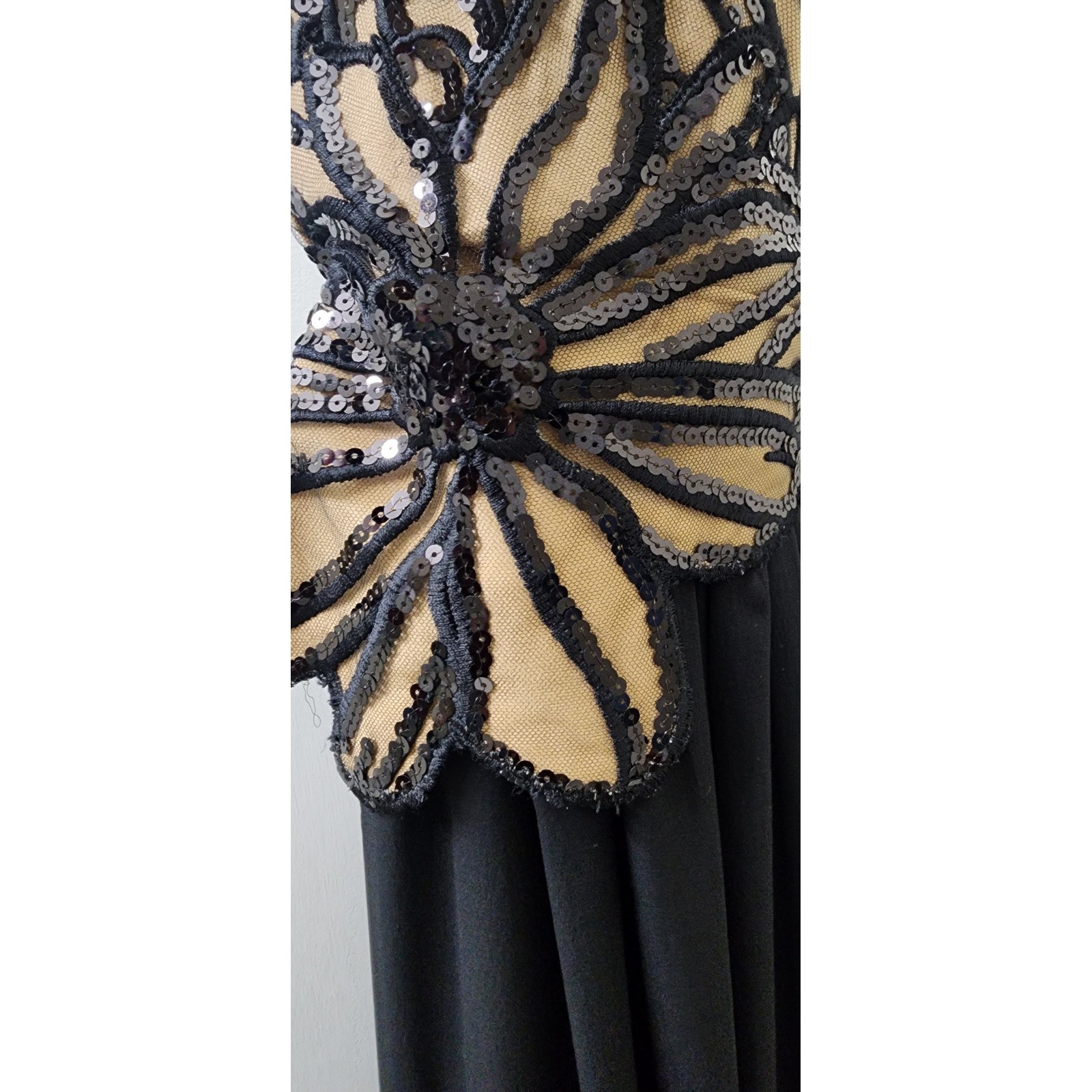 Black Sequin Peplum Strapless Evening Gown Nude Mesh Formal Maxi Dress