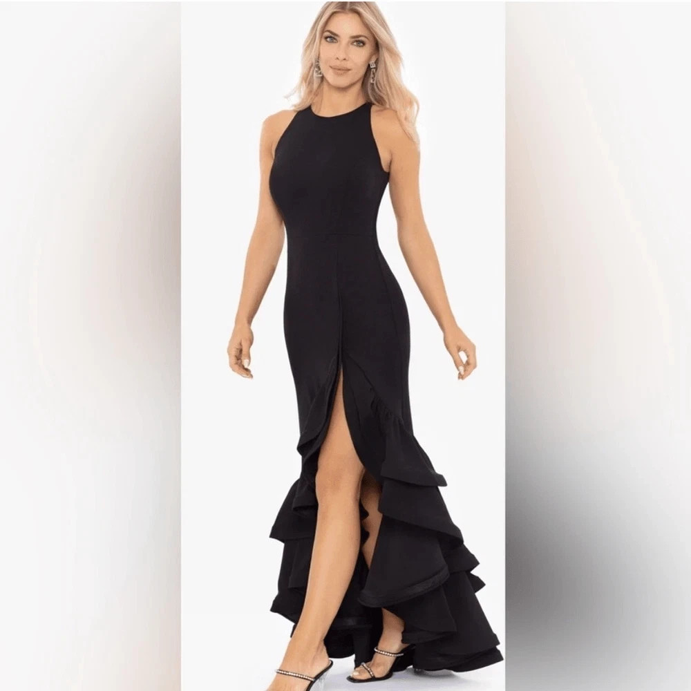 NWT Betsy & Adam ARIELLE SCUBA CREPE RUFFLE SLIT GOWN Black Sz. 2