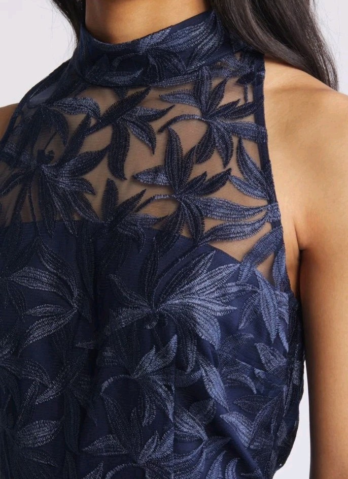 Sam Edelman Leaf Embroidery Halter Sheath Dress Navy Blue NWT $148 2
