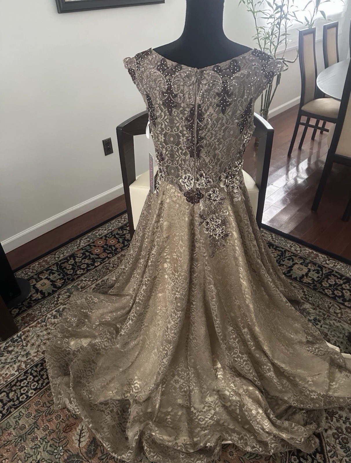Jovani – Embellished Lace A – Line Evening Gown Taupe Size 14