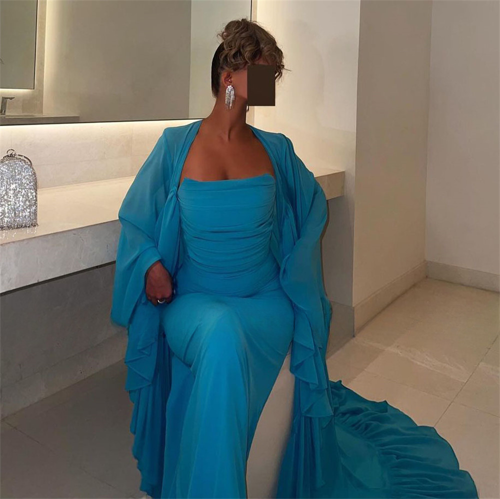 Blue Evening Dresses Straight Pleated Prom Gowns Wedding Guest Dress For Women