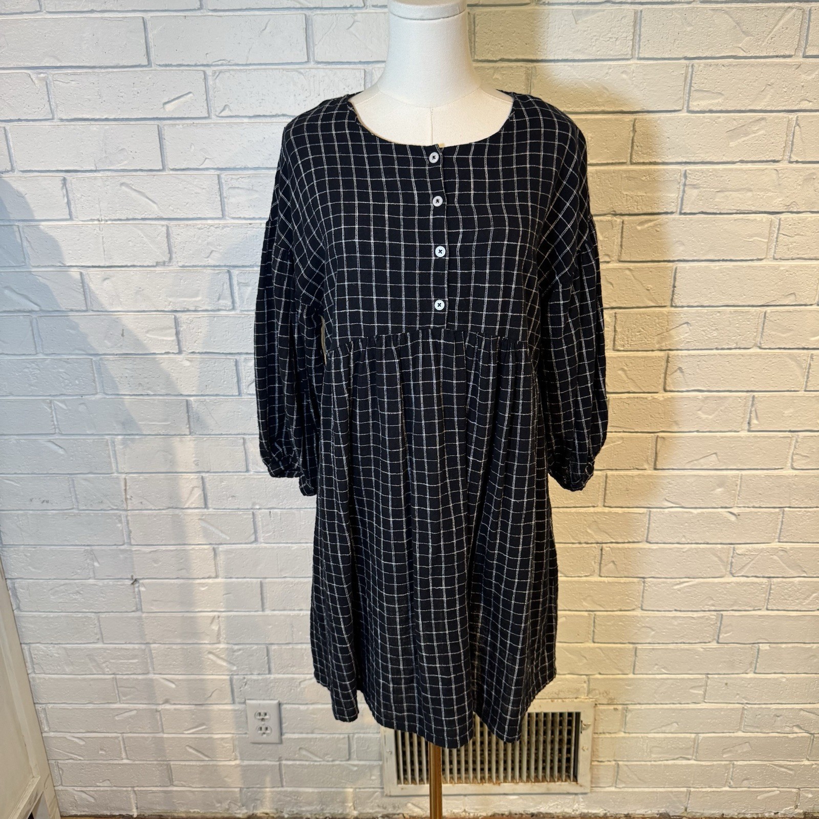 ABLE Nico Black White Windowpane Cotton Babydoll Swing Dress Puff Sleeve Size M