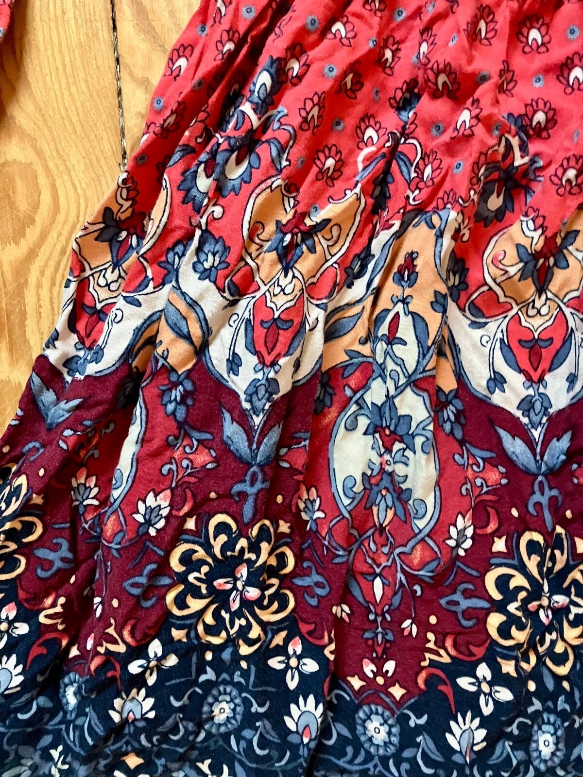 Hollister Rust Red Boho Border Print Dress Tassel Waist Long Sleeve Prairie S