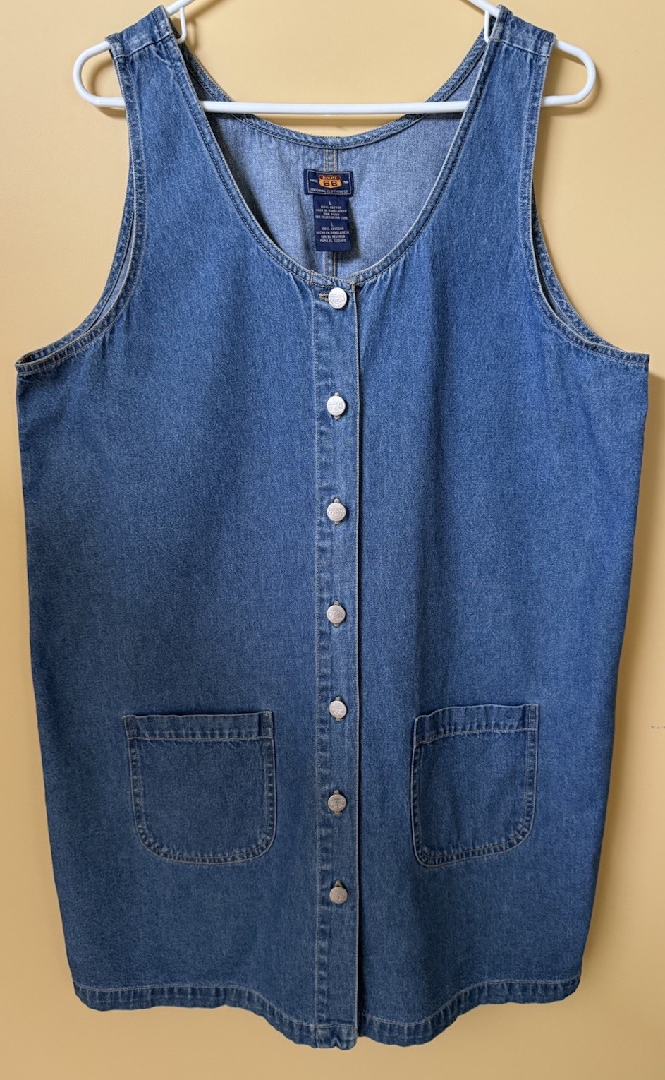 Route 66 Women’s Blue Denim Jumper Dress Large Sleeveless Button Front Pockets