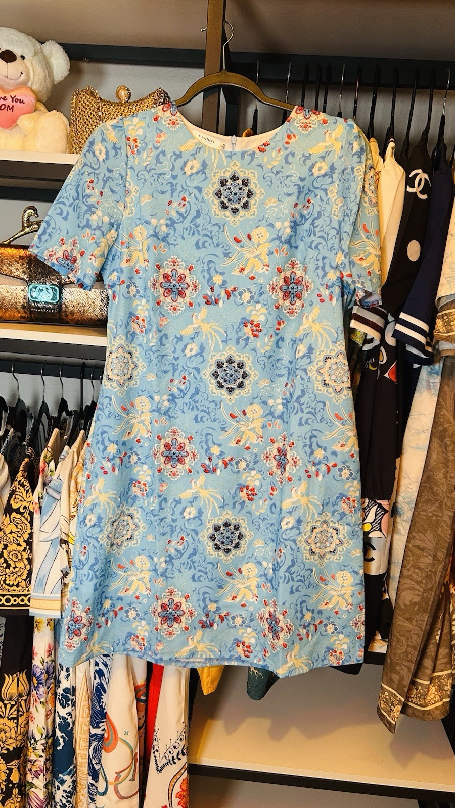 Women’s Blue Floral Shift Dress Short Sleeve Round Neck Knee Length Regular L