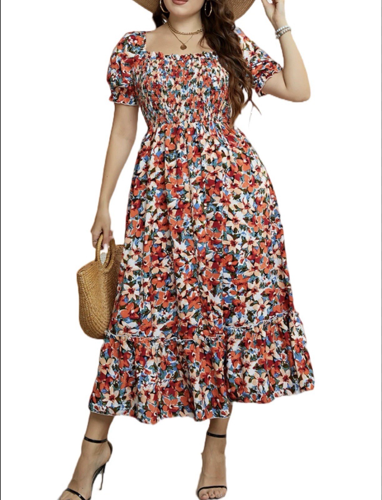 Floral Smocked Puff Sleeve Maxi Dress Plus Size 4XL Multicolor Orange Blue White