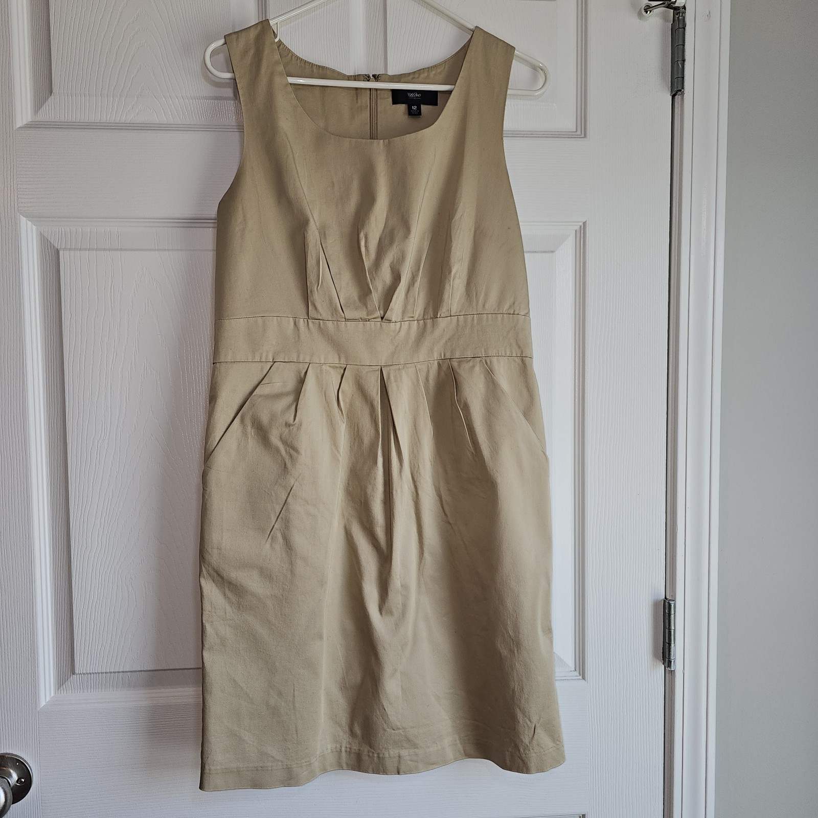 Sleeveless Sheath Dress Pockets Pleats Cotton Spandex Stretch 12 Khaki Cocktail