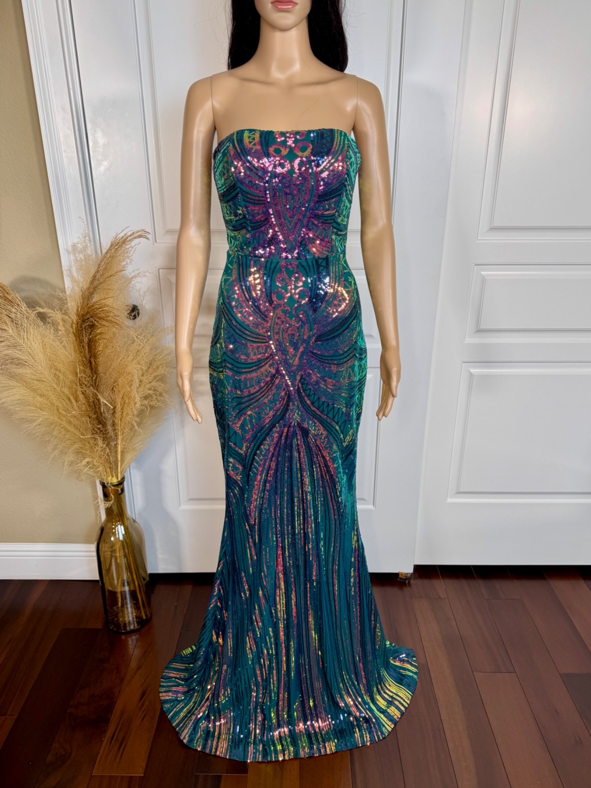 SHEIN MULTI COLOR STRAPLESS LONG SEQUIN EVENING DRESS GOWN