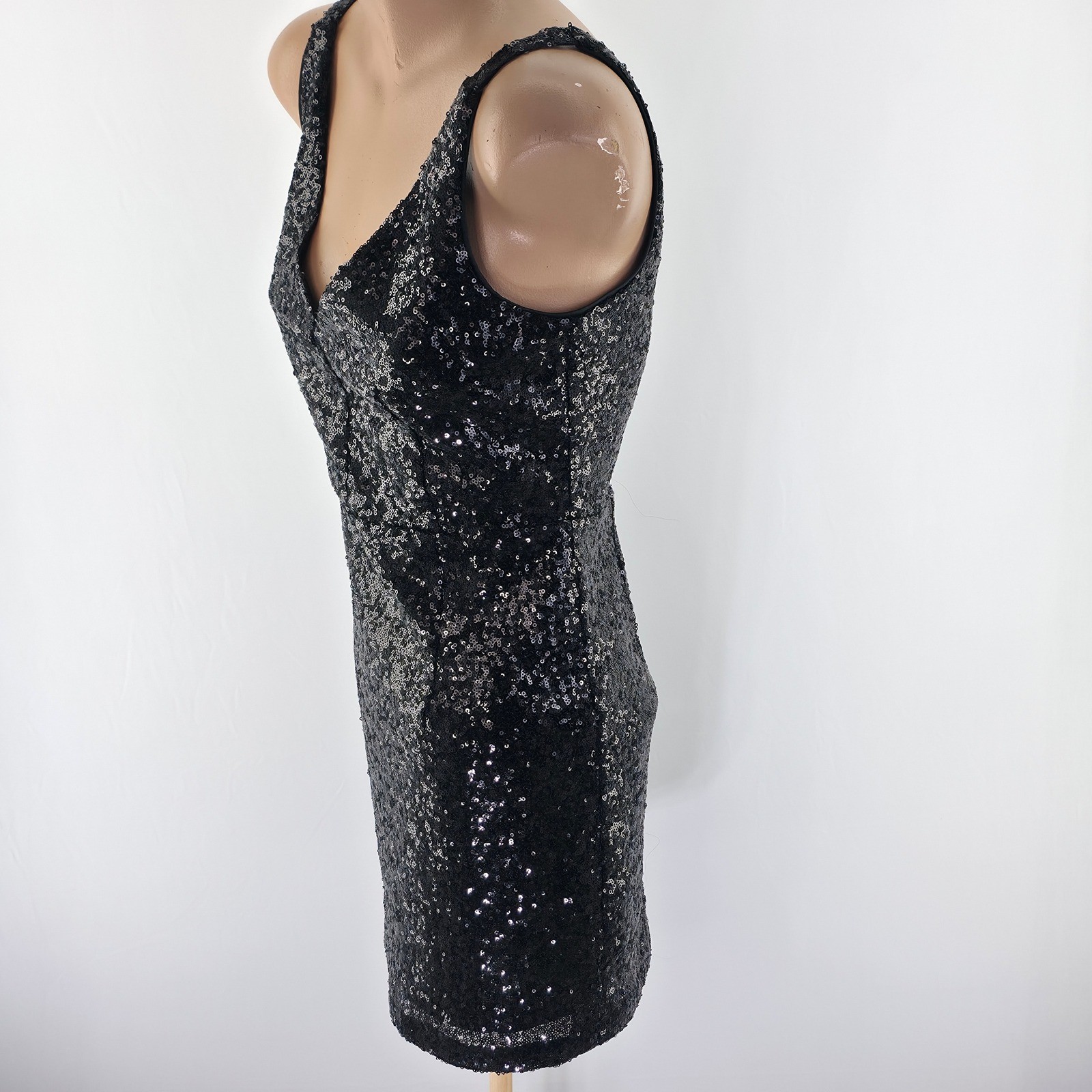 Lulus Sequin Cocktail Dress Womens Small Black Mini V-Neck Bodycon Party Gown