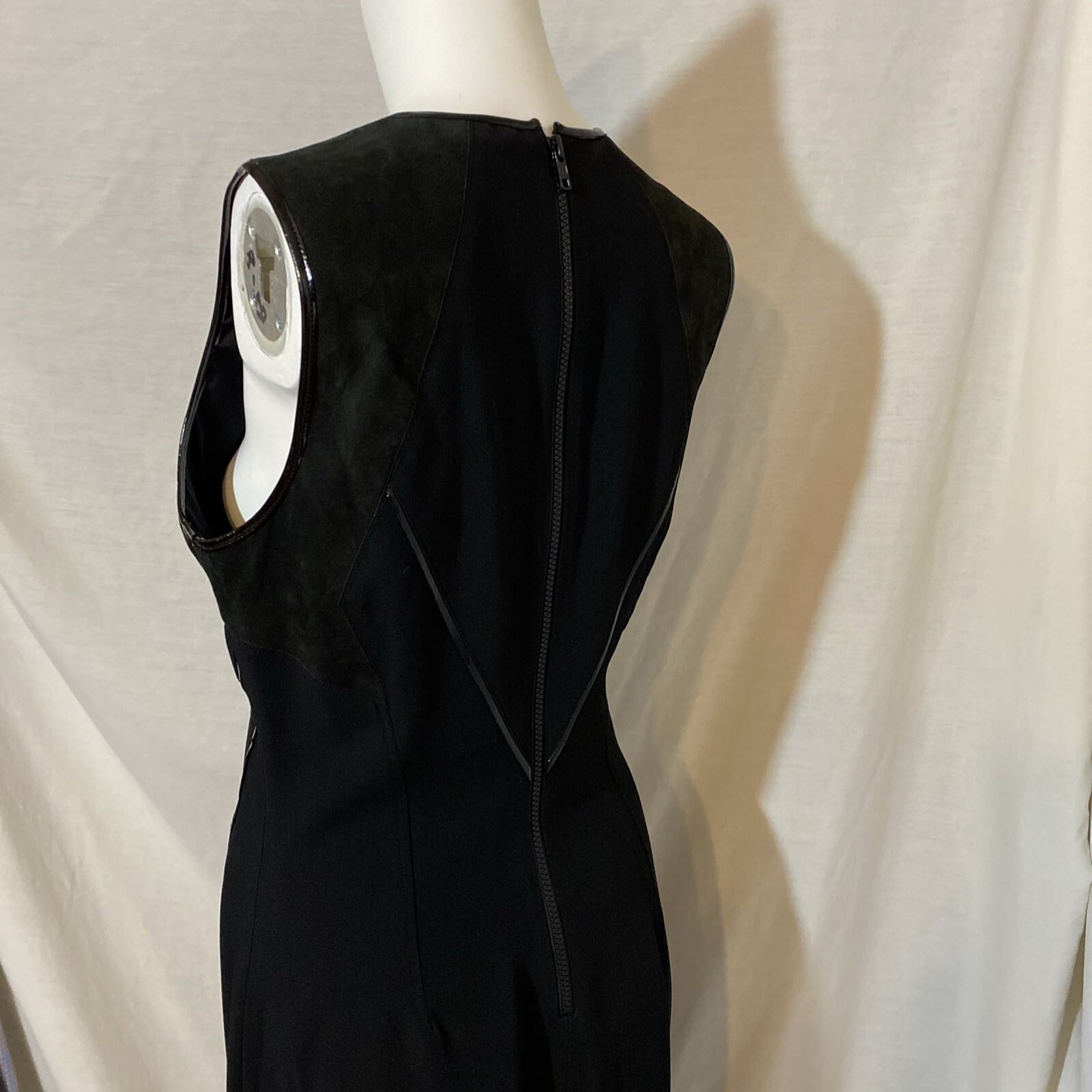 Helmut Lang Black Leather Panel Sleeveless Asymmetric Hem Sheath Dress Size 10