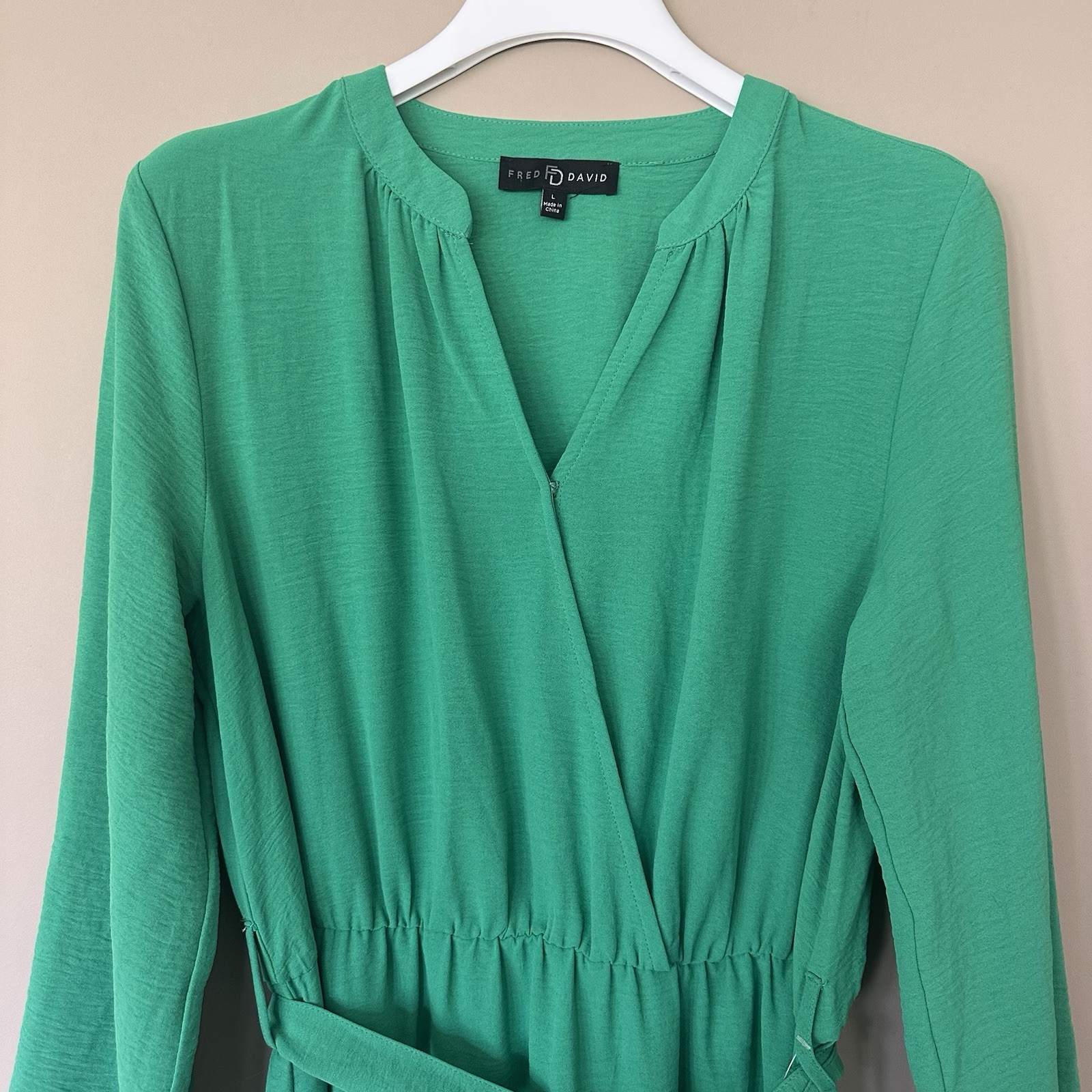 Fred David L Kelly Green Tiered Midi Dress Faux Wrap Belted Modest Office Church