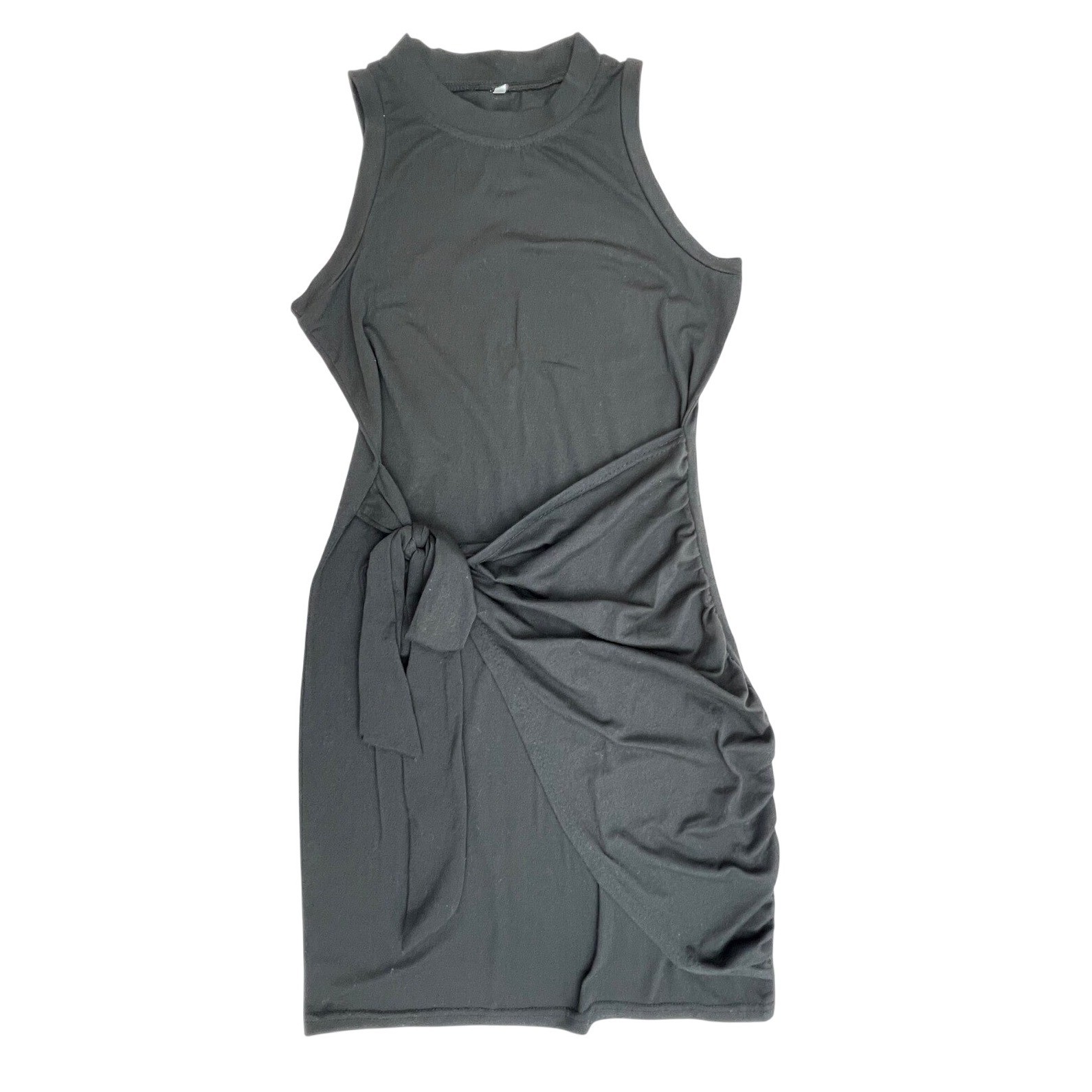 Sleeveless Tank Dress Tie Waist Ruched Bodycon Casual Black Size S