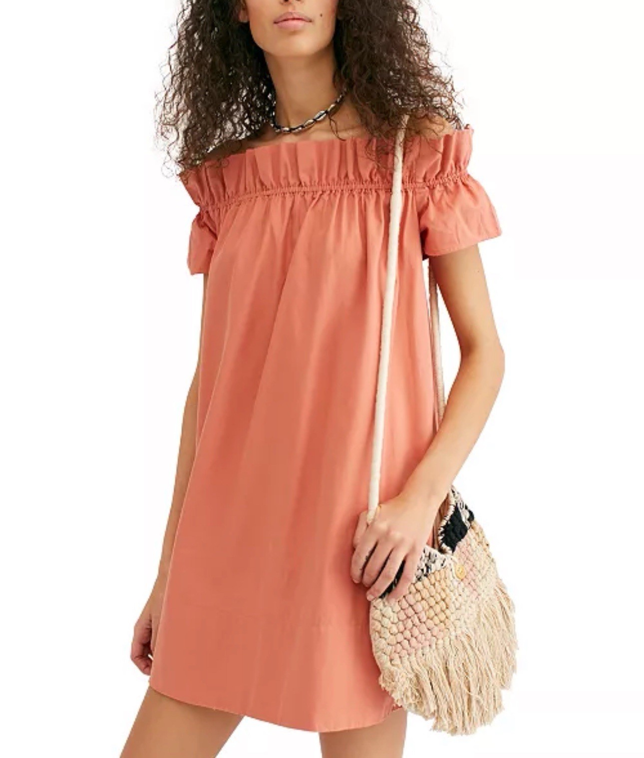Free People Sophie Off-The-Shoulder Mini Dress Medium Cotton light coral Boho