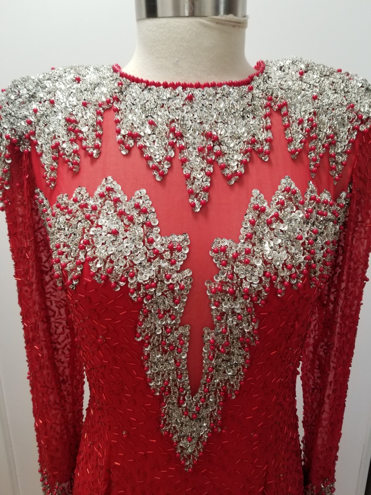 Red and silver beaded and Sequined long sleeve cocktail dress