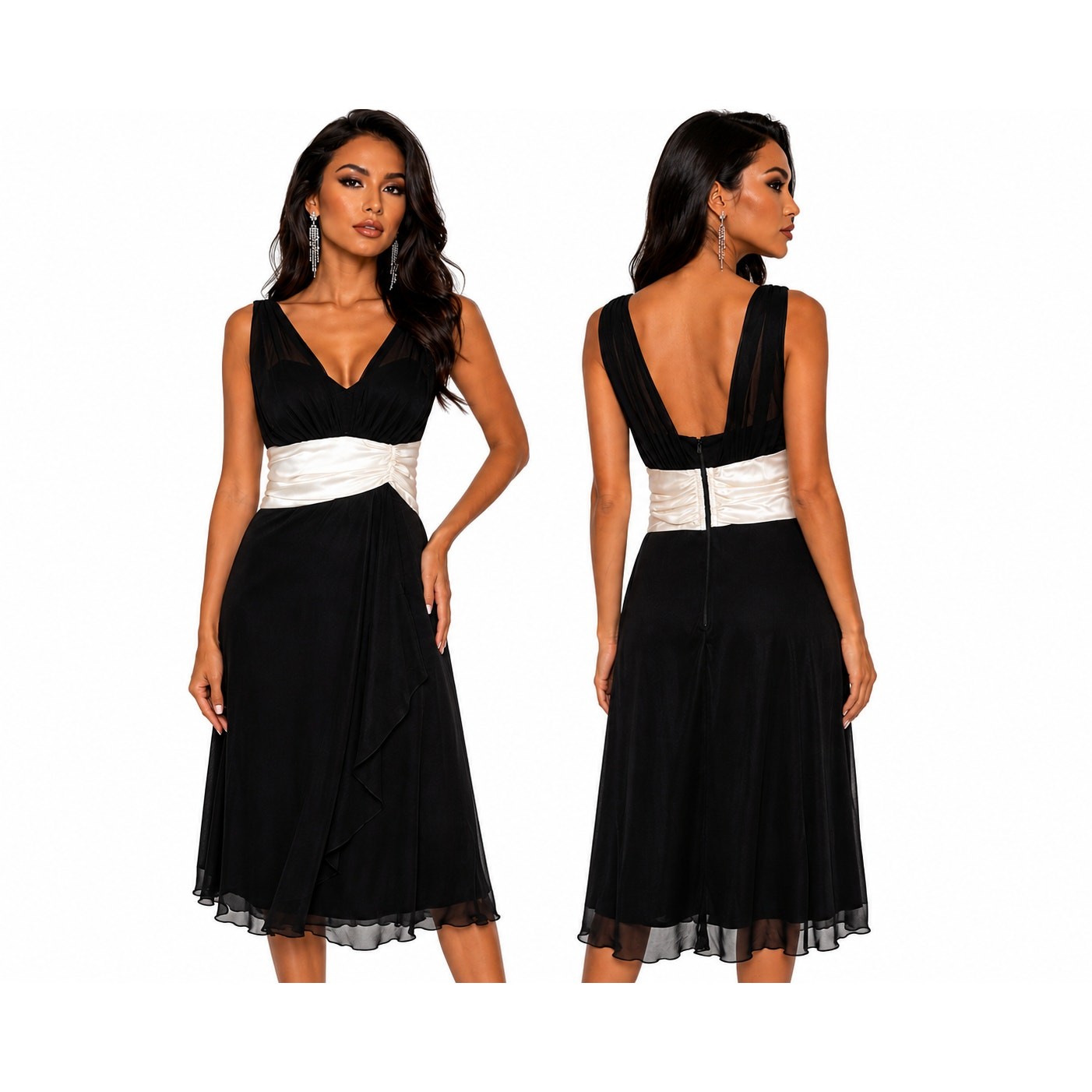 Connected Apparel Black Ivory Empire Waist Chiffon Cocktail Dress Women’s 8