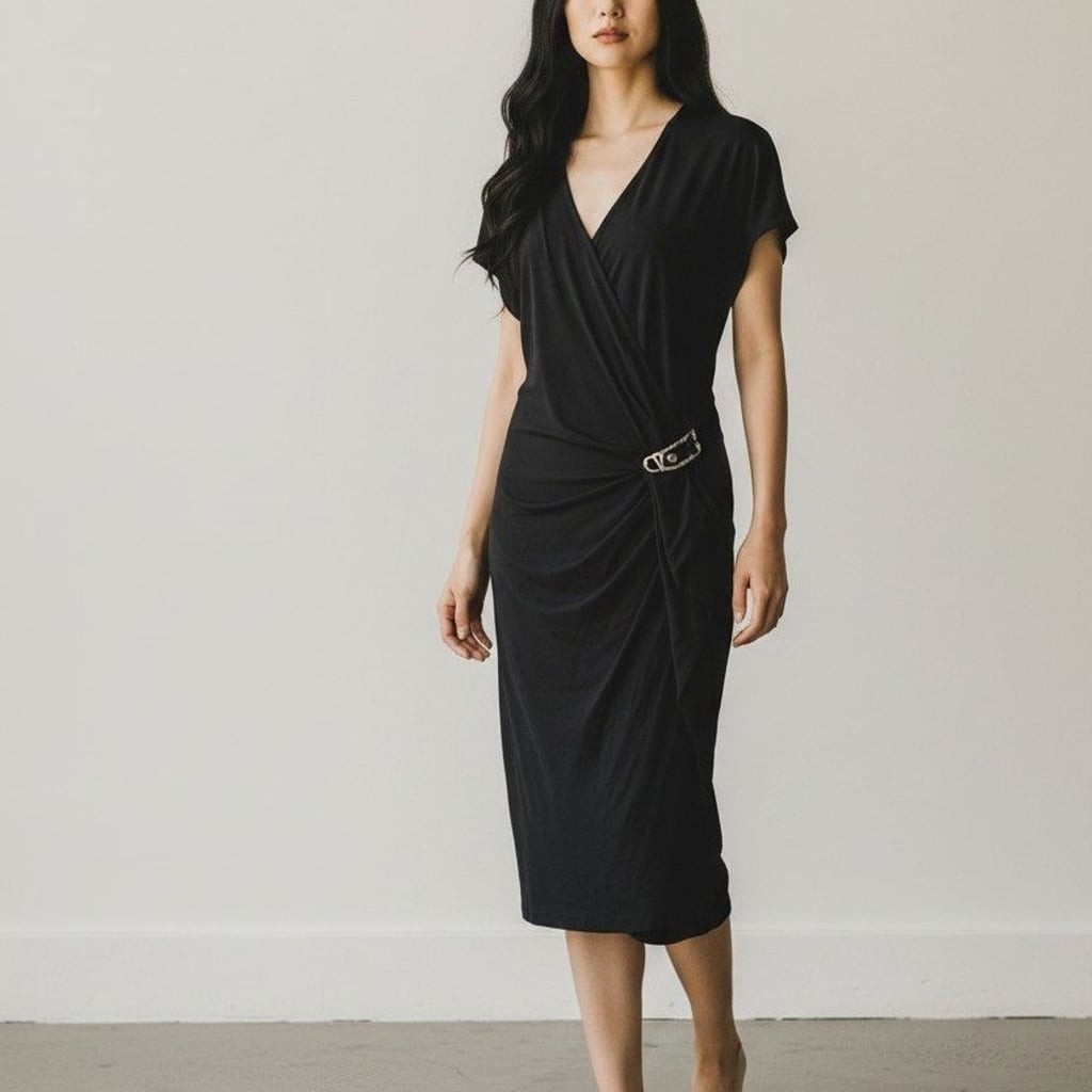 Carmen Marc Valvo Black Cap Sleeve Faux Wrap Midi Dress with Side Buckle Detail