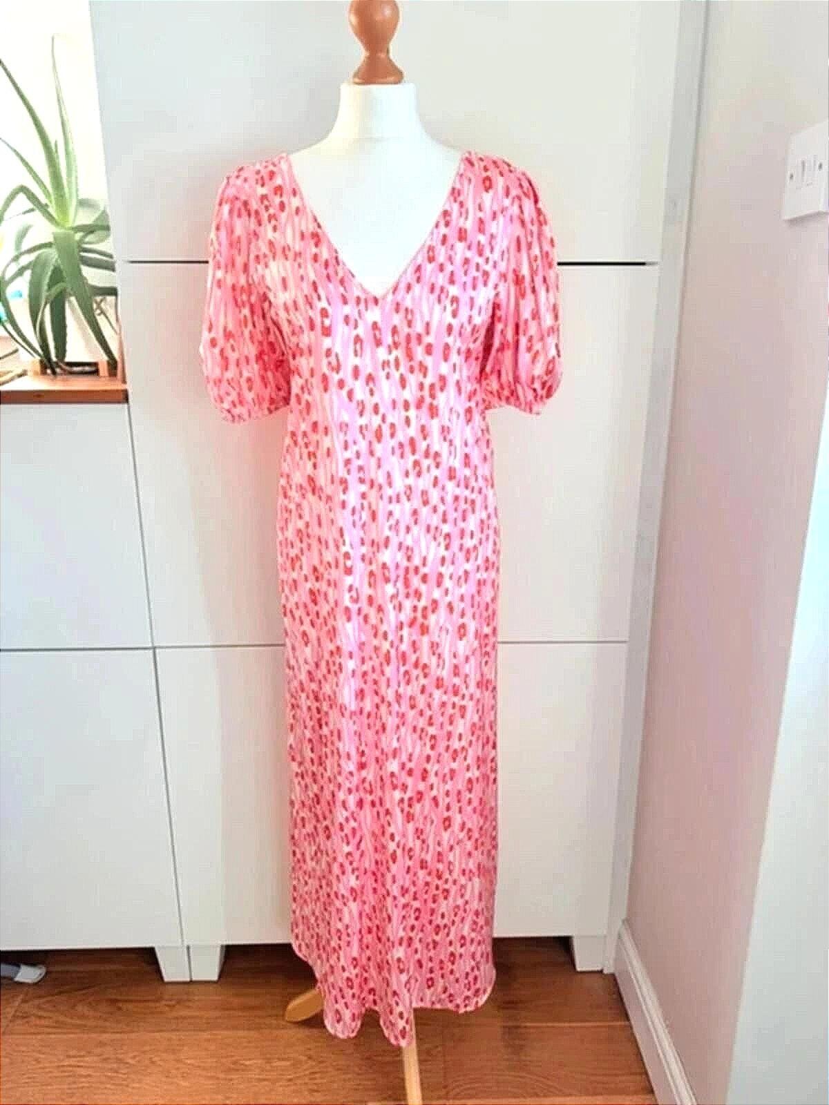 NEW Vila Olea Midi Dress Pink Cream and Red Leopard Print Size UK 8