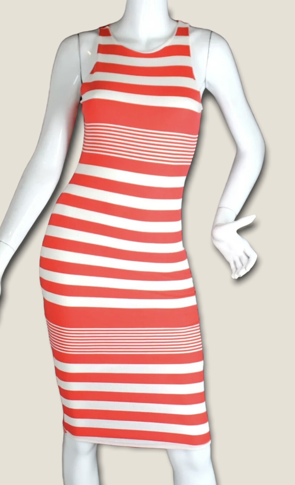 {BLACK BEAD} Dress Sheath Orange/White Striped Stretch Lined Summer ~M
