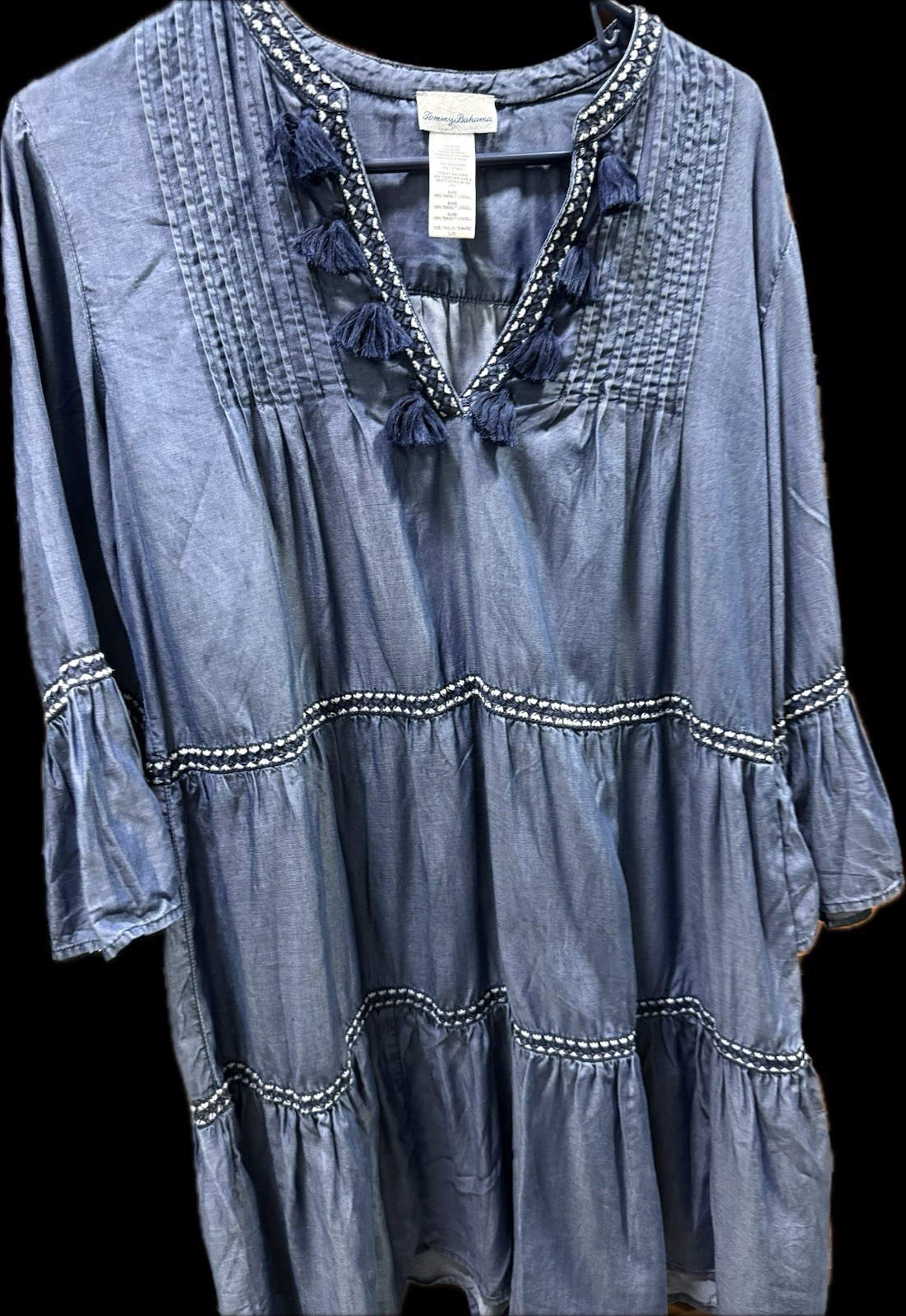 Tommy Bahama Blue Chambray Tunic Dress Cover Up Embroidered Tassel V-Neck 3/4 L