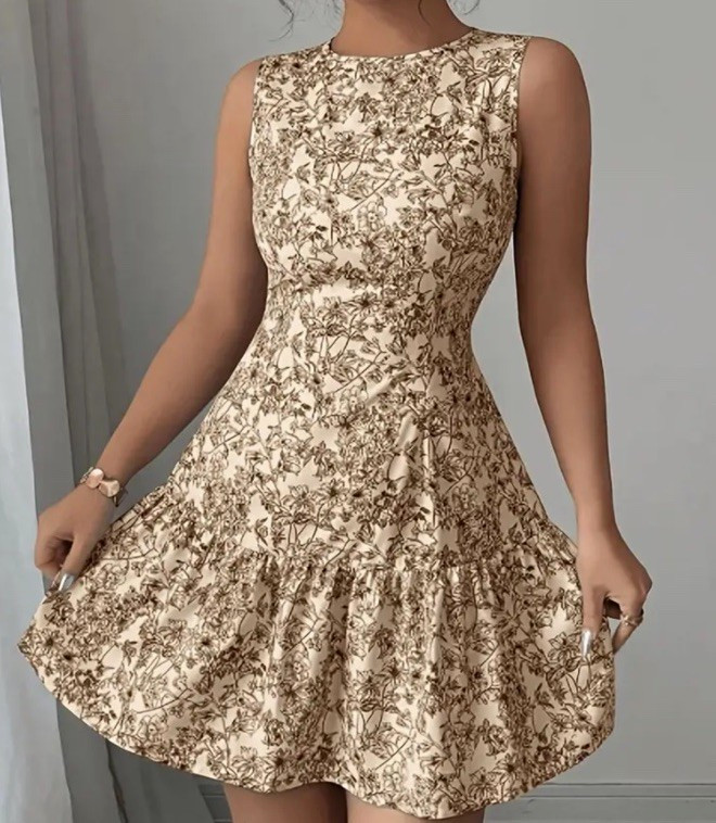 Women’s Beige/Brown Floral Sleeveless Round Neck A-Line Mini Dress Ruffle Zip S