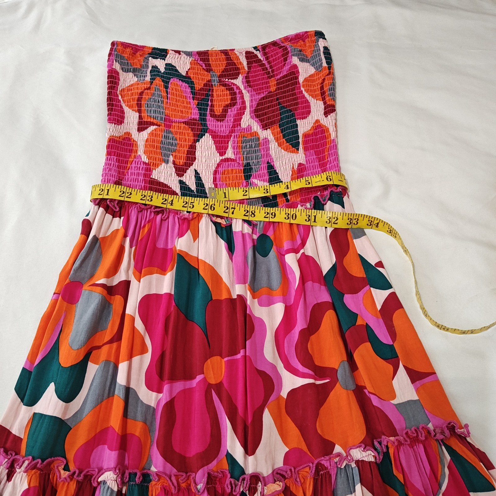 Womens Size Large Flowy Maxi Strapless Dress Floral Smoked Multicolor Print Boho
