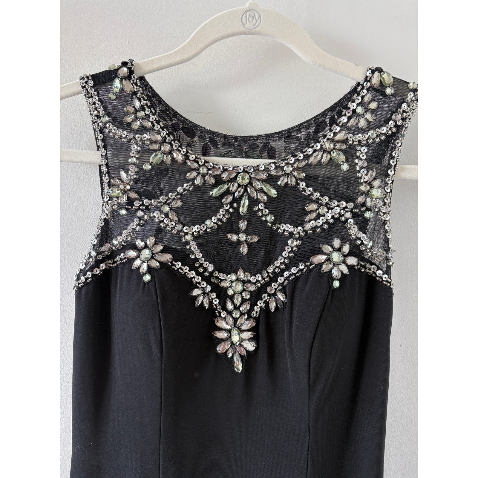 Rhinestone Beads Sequin Evening Gown Sz 2 Whimsigoth Black Tie Illusion Neckline