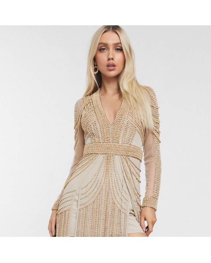 ASOS DESIGN Beige/Gold Beaded Mesh V-Neck Long Sleeve Maxi Dress with slits US 8