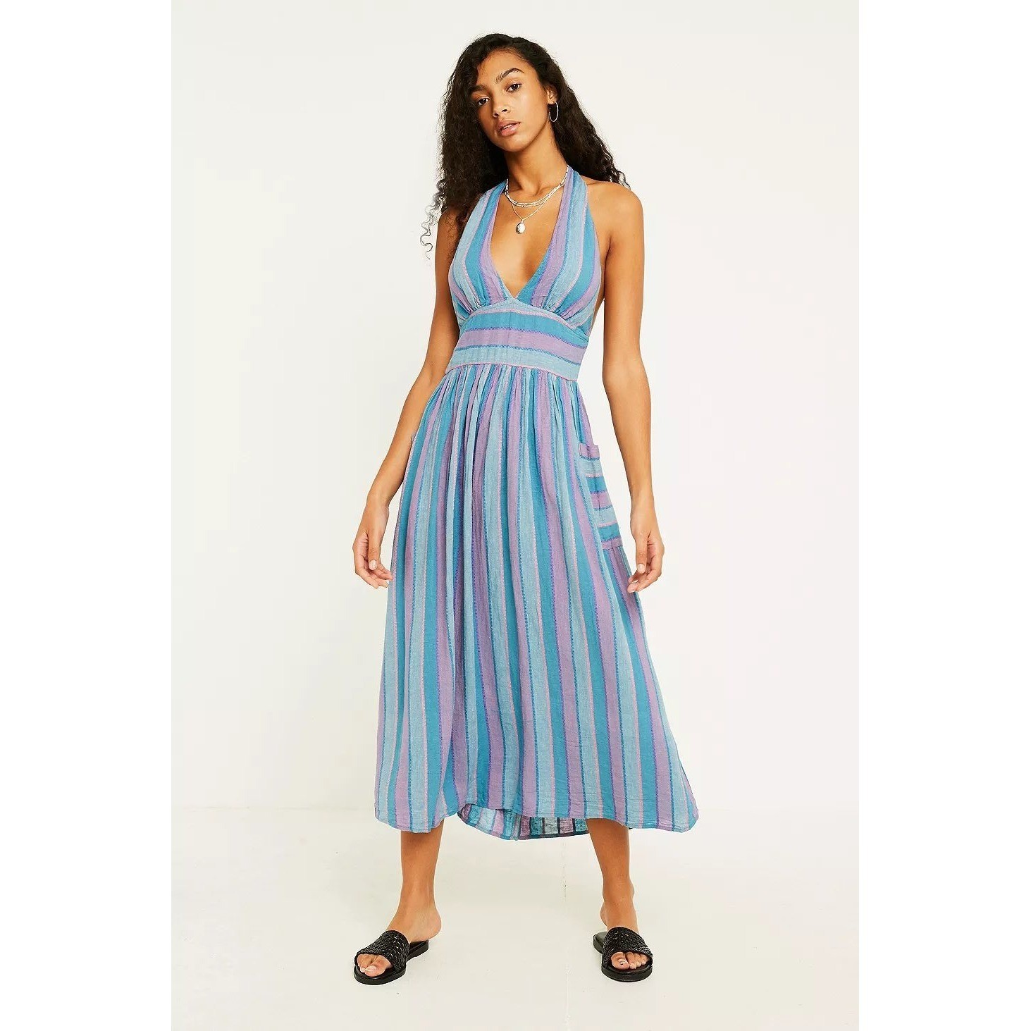 UO Linen Blend Striped Halter Midi Dress Boho Women Small Resort Hippie Vacation