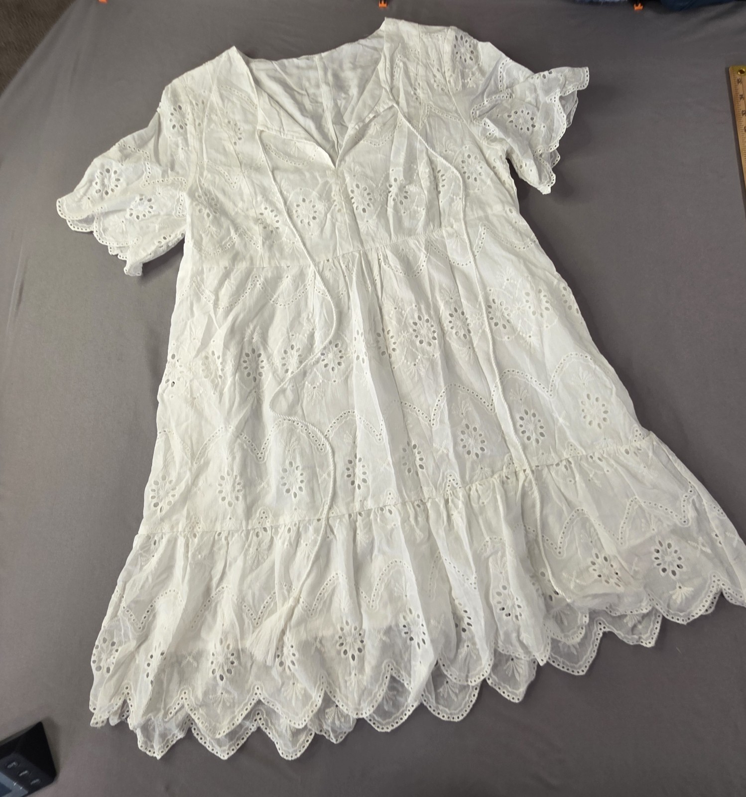CUPSHE White Eyelet Lace Embroidered Flutter Sleeve V-Neck Dress Lined S