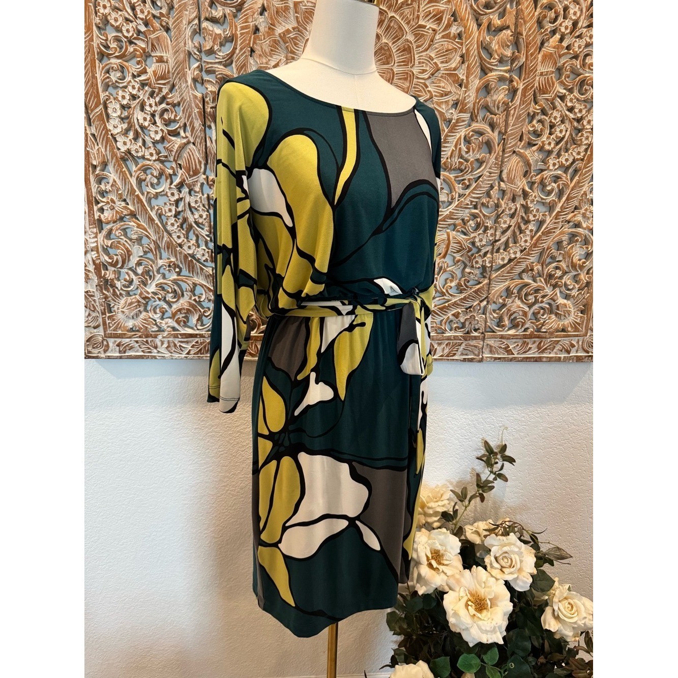 Max & Cleo Jersey Stretch Midi Dress Abstract Green Floral- size S