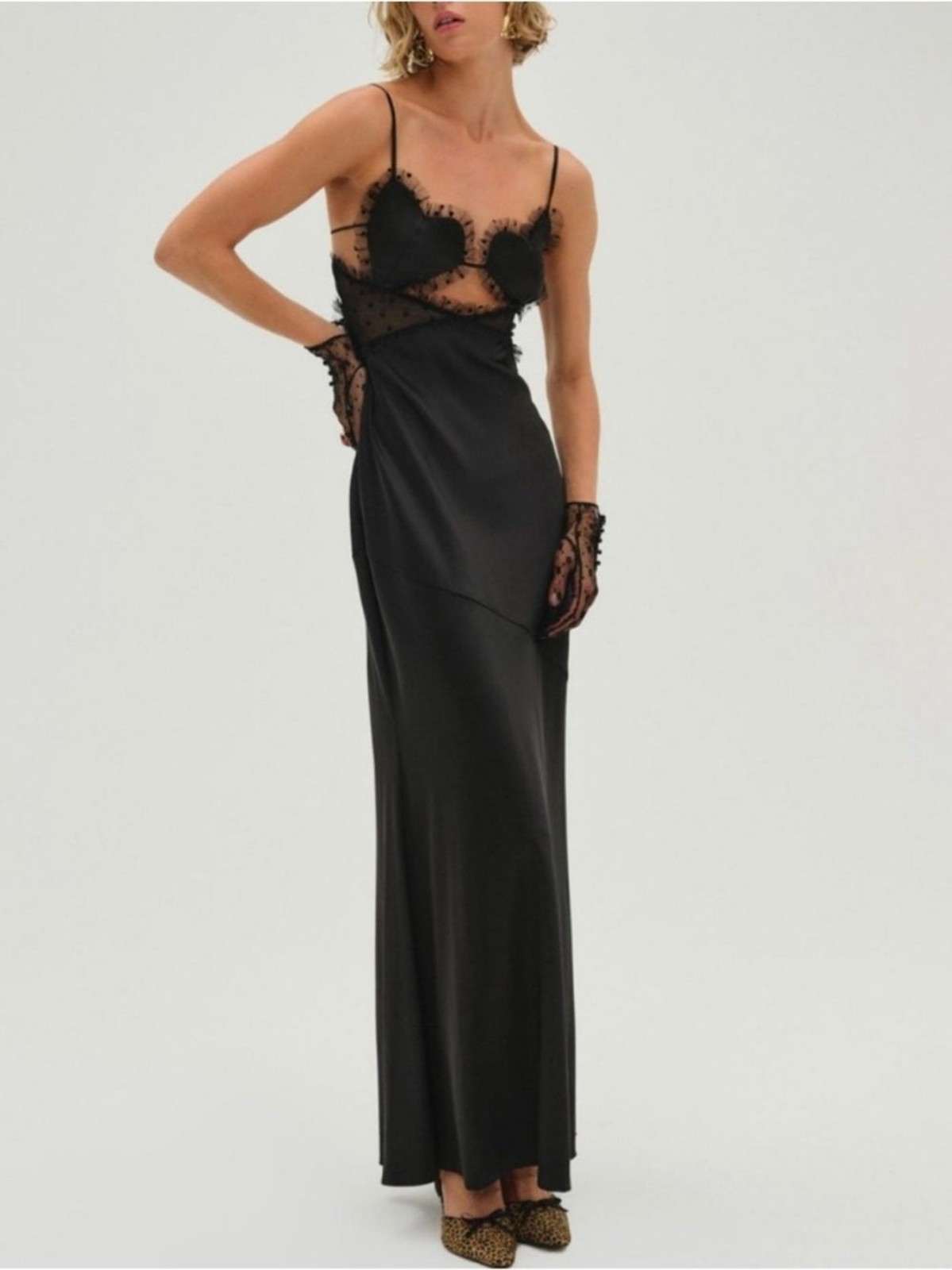For Love & Lemons Val Heart Cup Dot Tulle Ruffle Satin Black Maxi Dress NEW