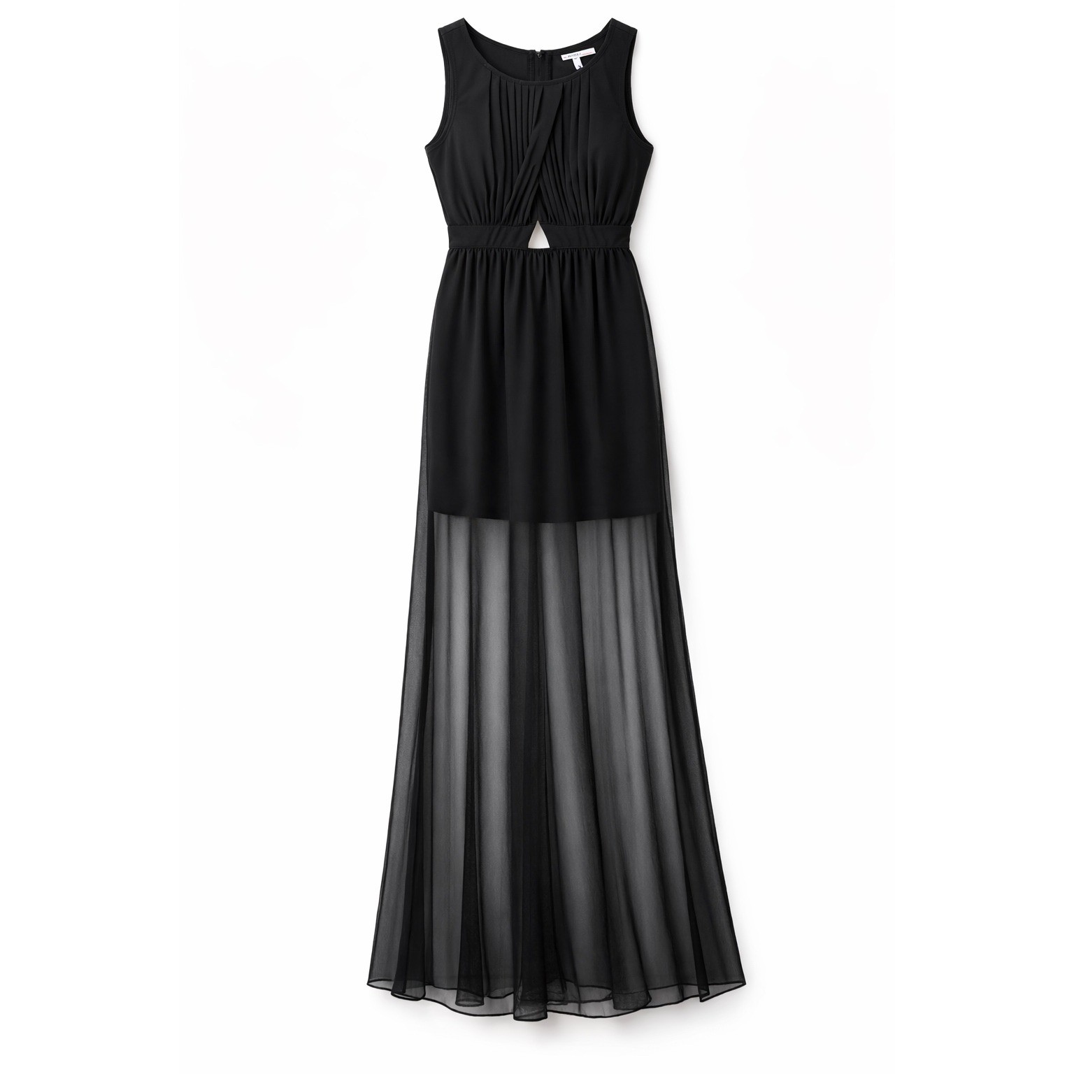 The Hanger Black Chiffon Maxi Dress Pleated Cutout Open Back Sheer Overlay Small