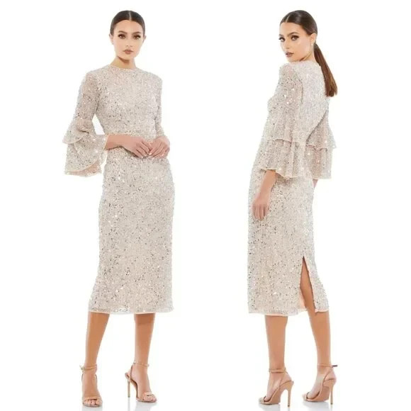 Mac Duggal Nude Silver Sequined Ruffle Tier 3/4 Sleeve Midi Dress Size 24 $458