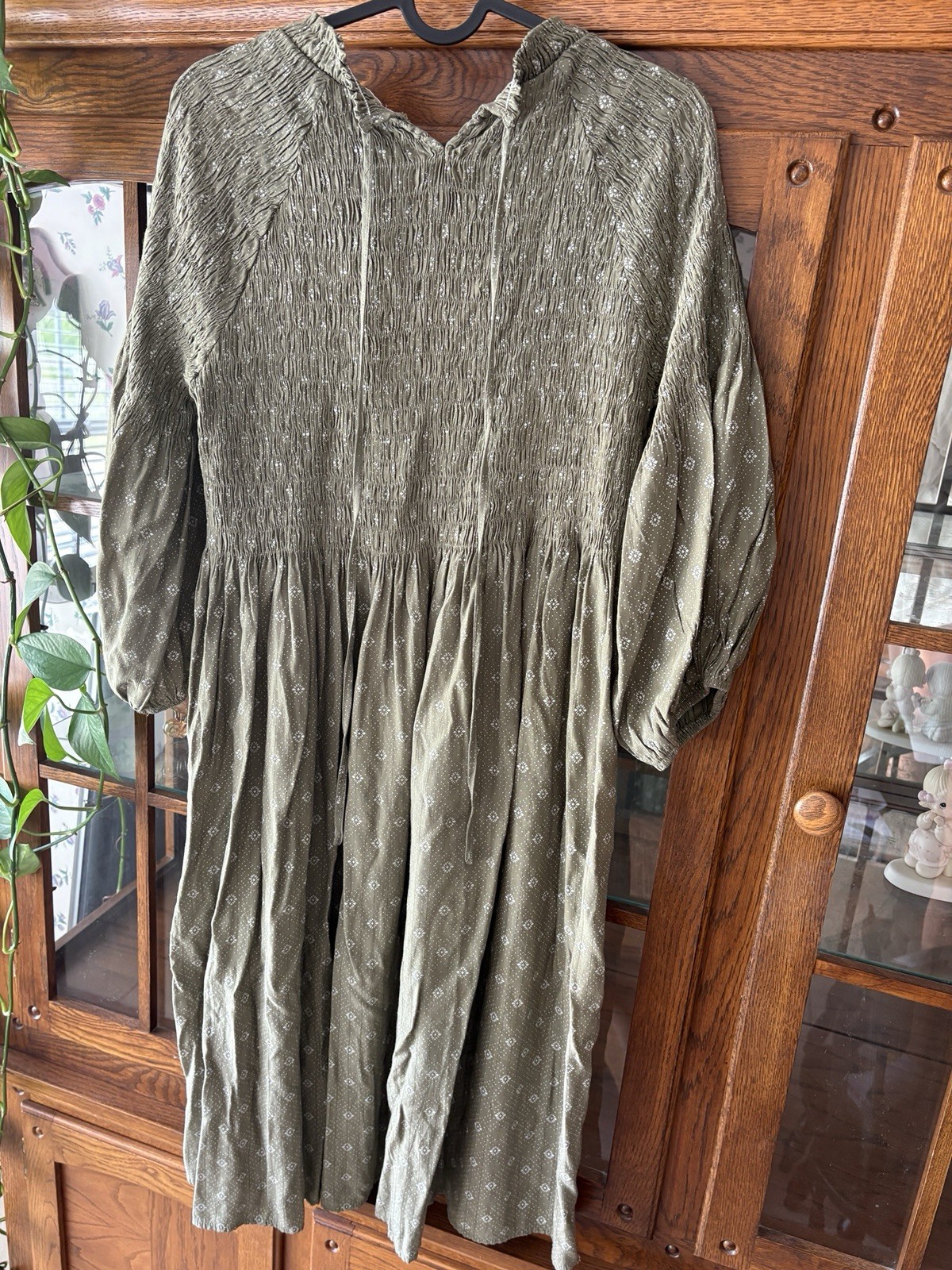 Roolee Green Smocked Midi Dress Geometric Print 3/4 Balloon Sleeve Size M