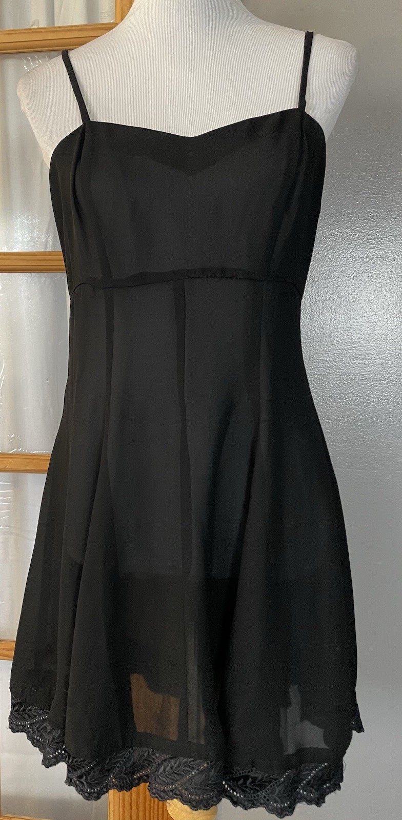 90s Toi & Moi Lingerie Slip Dress M Black Embroidered Floral Trim Goth Classic