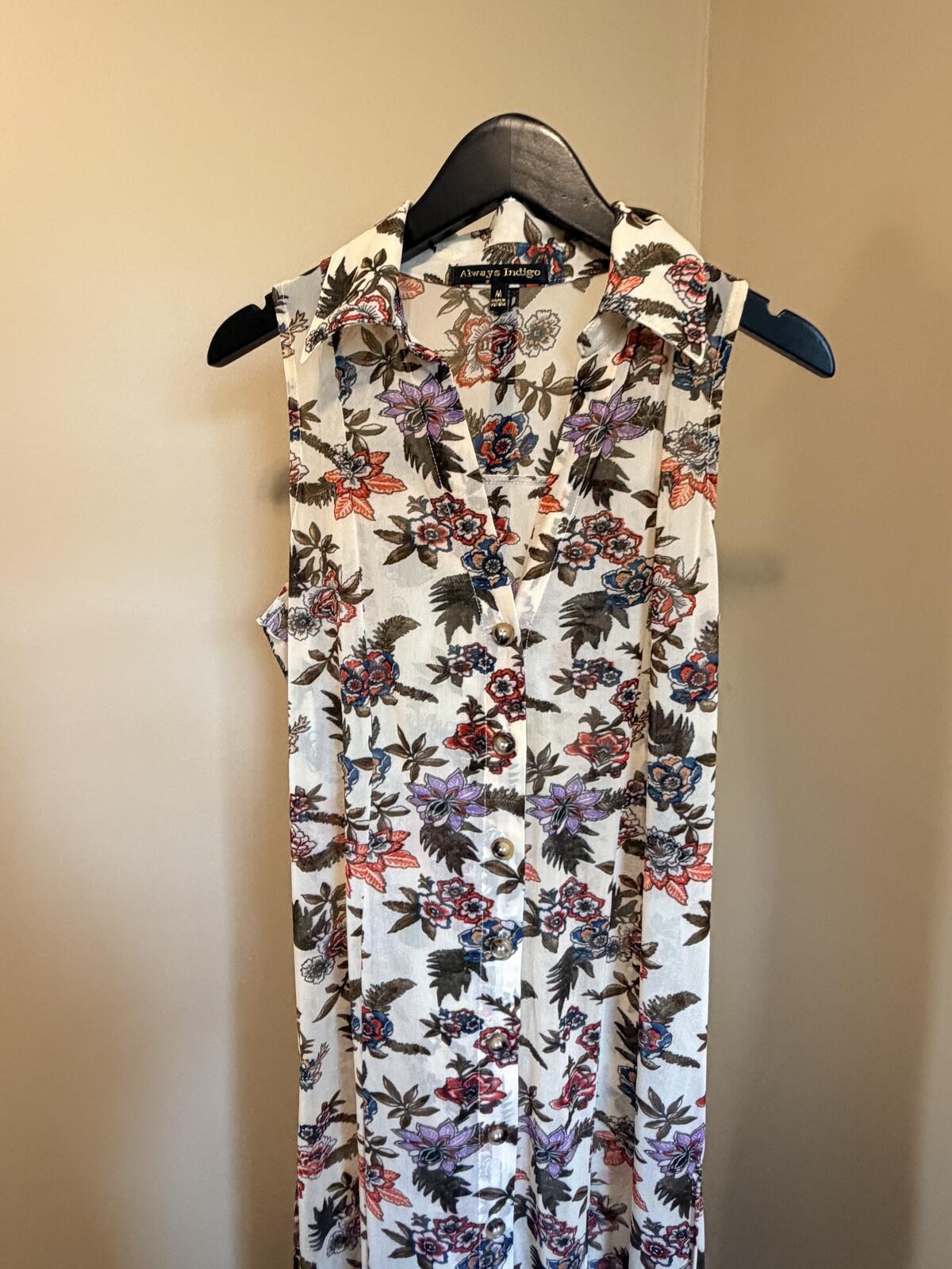 Always Indigo Floral Button Front Maxi Dress Medium Boho Sleeveless Dress