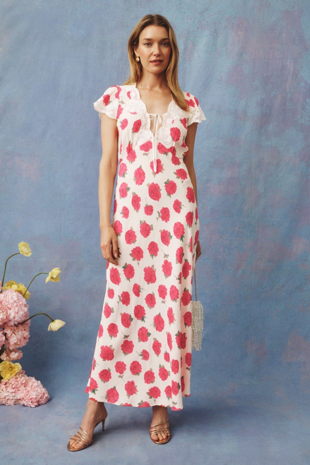 RIXO White Red Rose Floral Lace Trim Maxi Dress Size M