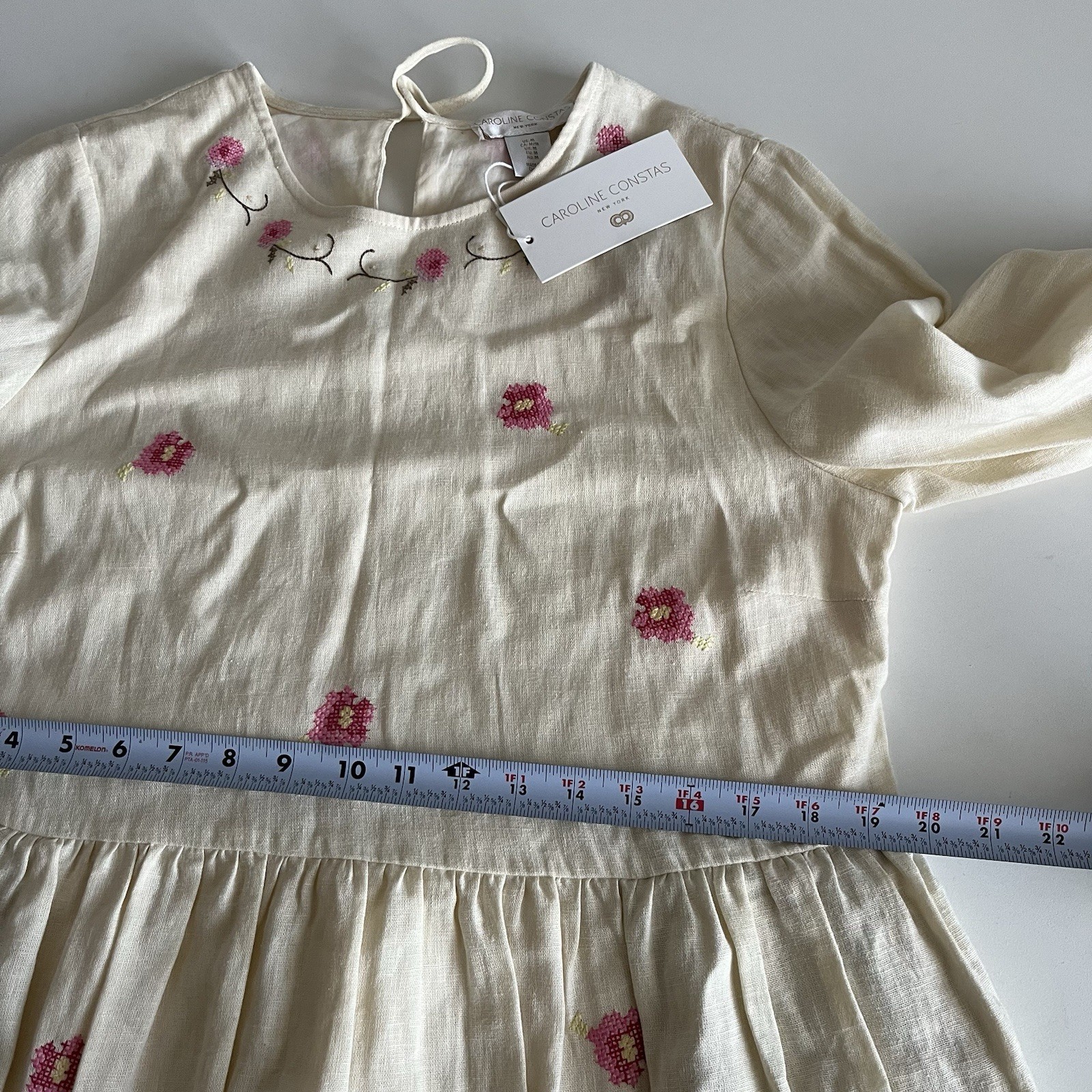 Caroline Constas Floral Embroidered Mini Dress M Cream Linen Cottagecore Costal