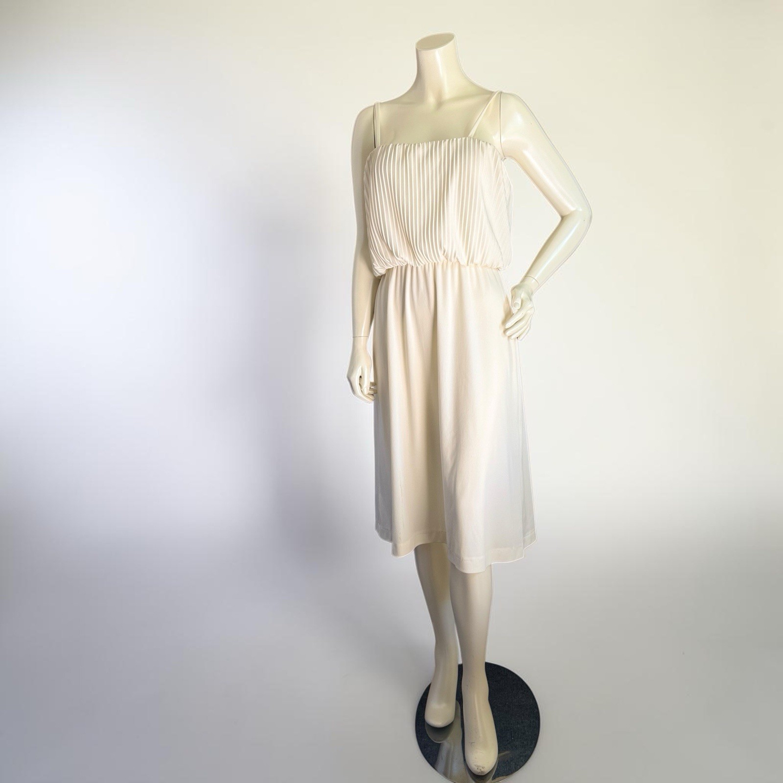 Vintage 70s Grecian Goddess Midi Dress M Cream Accordion Pleated Blouson M